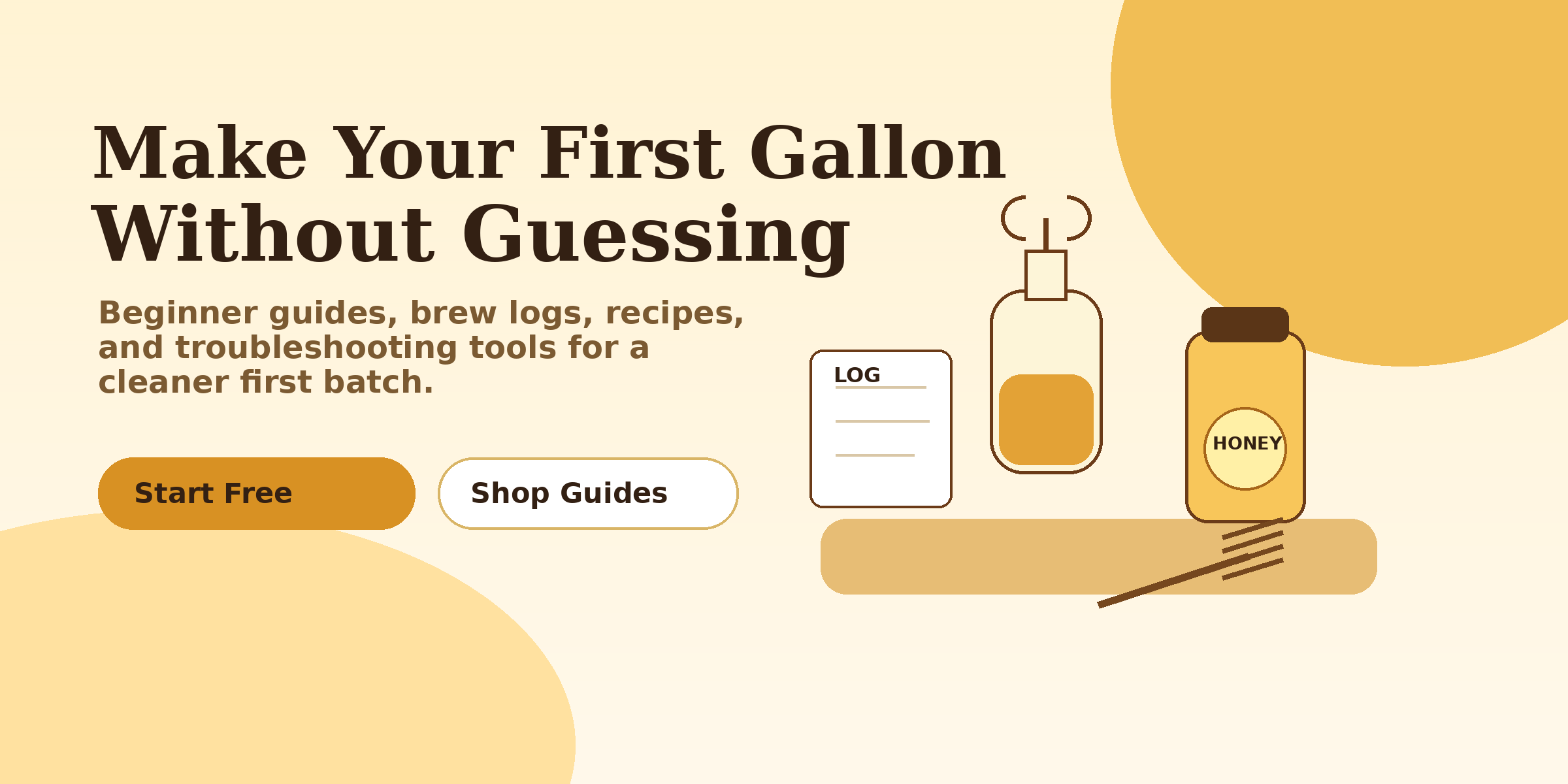Honey, brew notes, and mead-making starter tools on a warm workbench